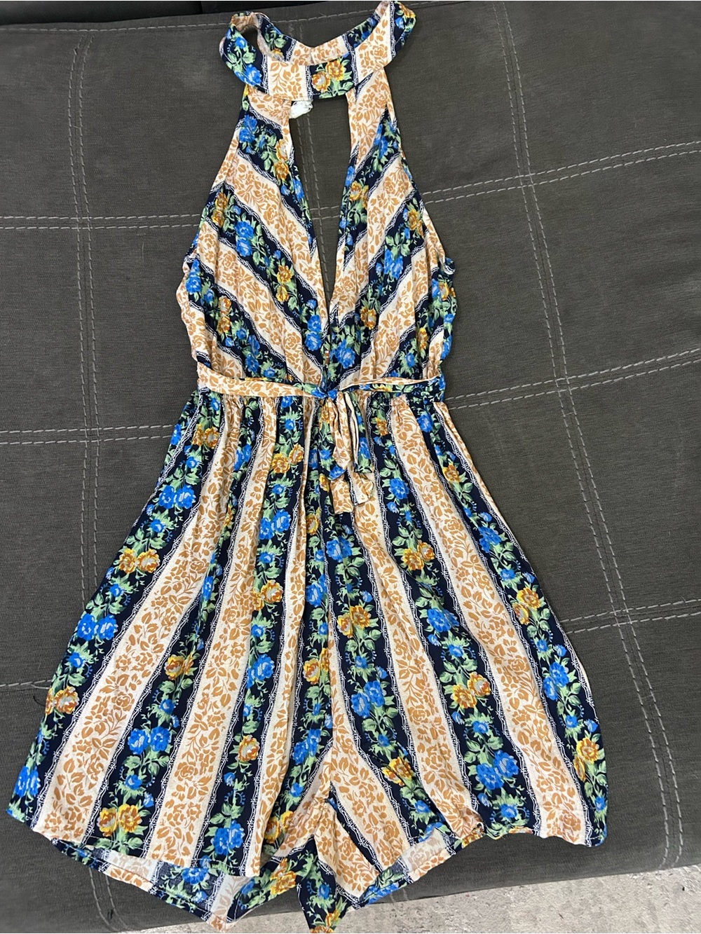 SHEIN Blue and Tan Floral Halter Romper